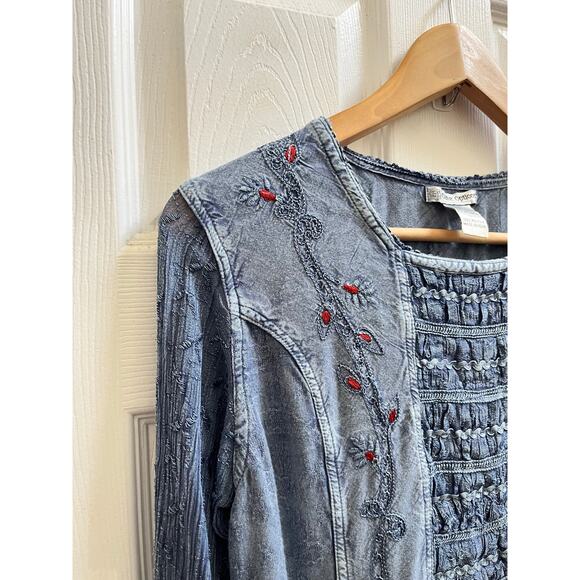 Cute Options Blue Embroidered Detail Bell Sleeves Boho Hippie Blouse Size Large - Picture 7 of 15